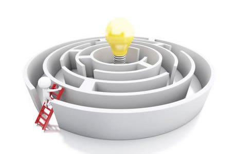 human figure climbing a ladder to see lightbult in centre of maze